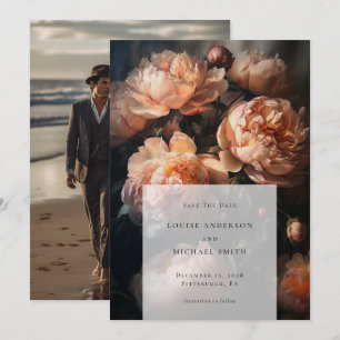 Romantic Peach Pastel Peony Blommigt Bröllop Photo Spara Datumet