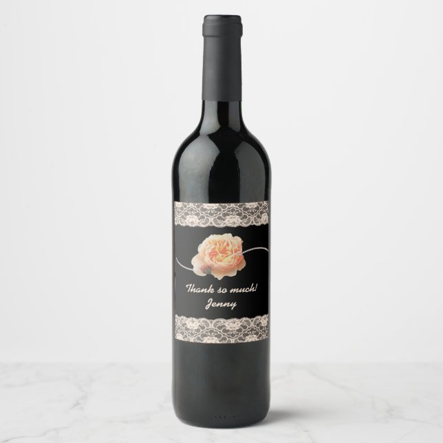 Romantic Peach Ro med Faux Snöre på Black Vinflaska Etikett (Framsida)