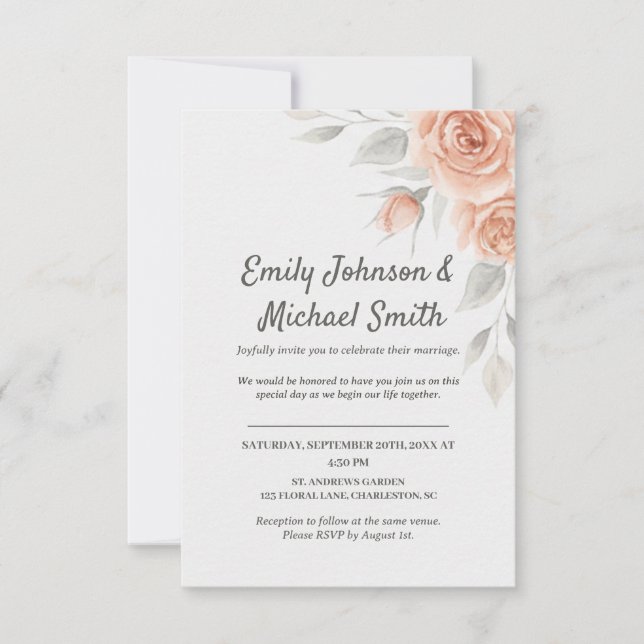 Romantic Peach Watercolor Roses Wedding Invitation Inbjudningar (Framsida)