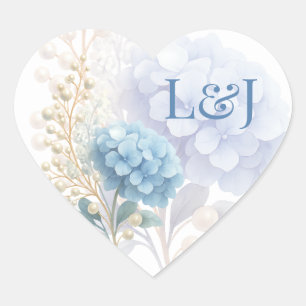 Romantic Pearl Hydrangea Blue Waterercolor Bröllop Hjärtformat Klistermärke