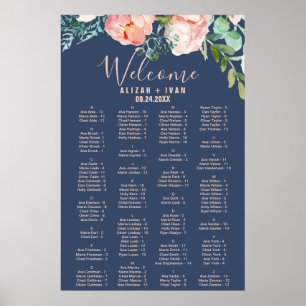 Romantic Peonies Blått alfabetiskt sittningssche Poster