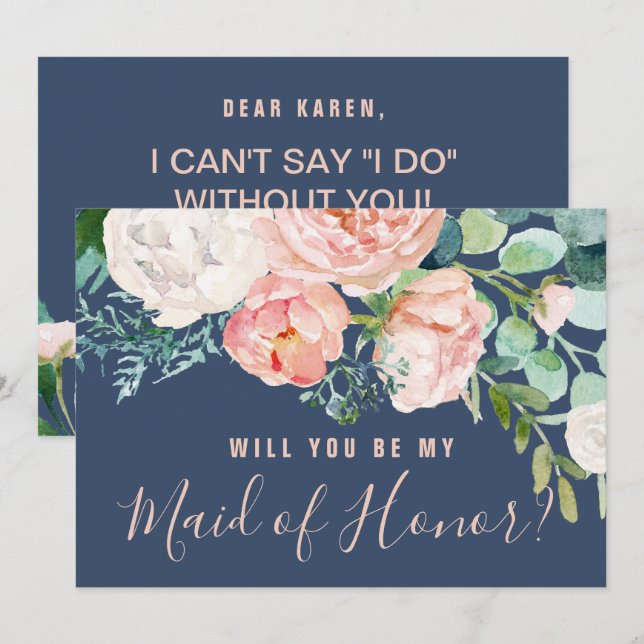 Romantic Peonies | Blått Maid of honor Frieri Inbjudningar (Fram/baksida)