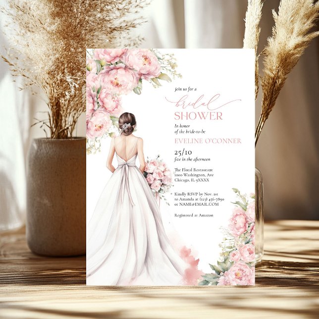 Romantic Peonies  Rosa Bride Dress Inbjudningar (Romantic Peonies Blush Pink Bride Dress Invitation)