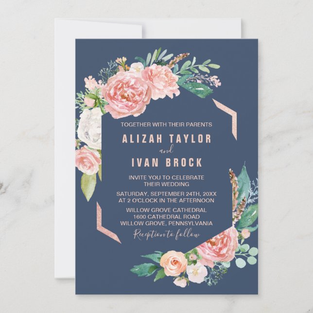 Romantic Peony Flowers | Blå Bröllop Inbjudningar (Framsida)