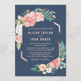 Romantic Peony Flowers | Blå Bröllop Inbjudningar