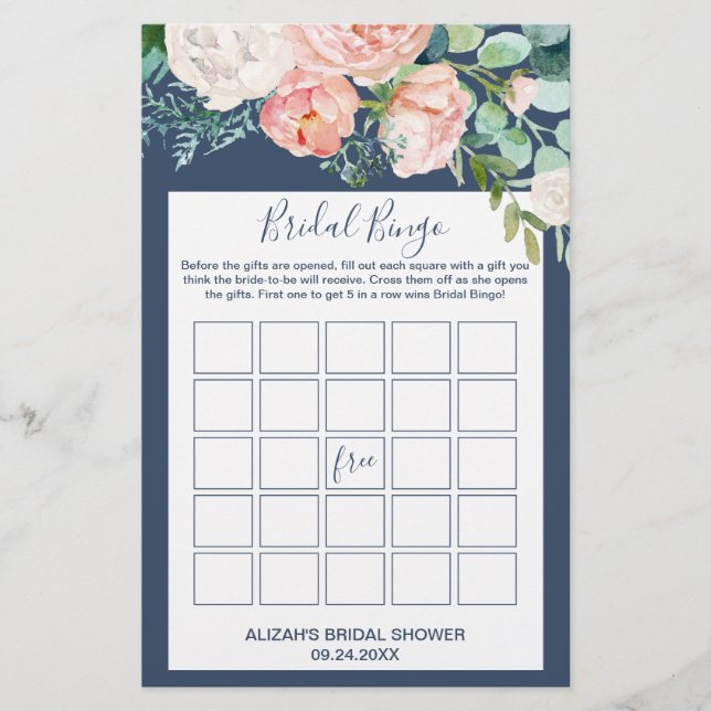 Romantic Peony Flowers | Blått Möhippa Bingo-spel Flygblad (Framsidan)