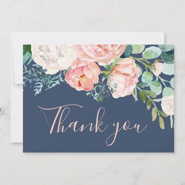Romantic Peony Flowers | Blått tackkort Tack Kort (Framsida)