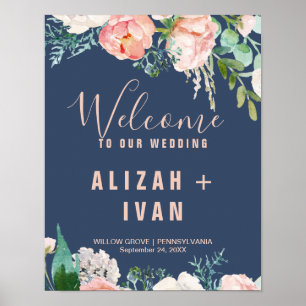 Romantic Peony Flowers Blue Welcome Bröllop Poster