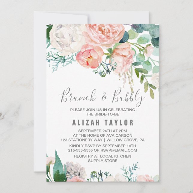 Romantic Peony Flowers Brunch & Bubly Inbjudningar (Framsida)