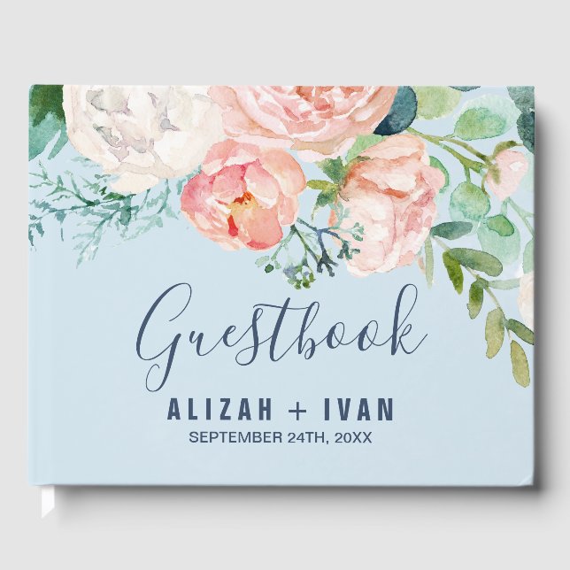 Romantic Peony Flowers | Light Blue Bröllop Gästböcker (Framsida)