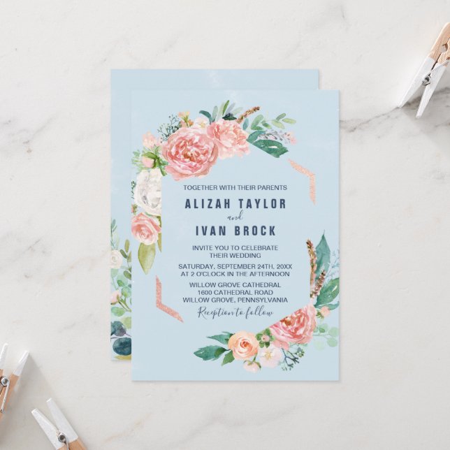 Romantic Peony Flowers | Light Blue Bröllop Invita Inbjudningar (Fram/Back In Situ)