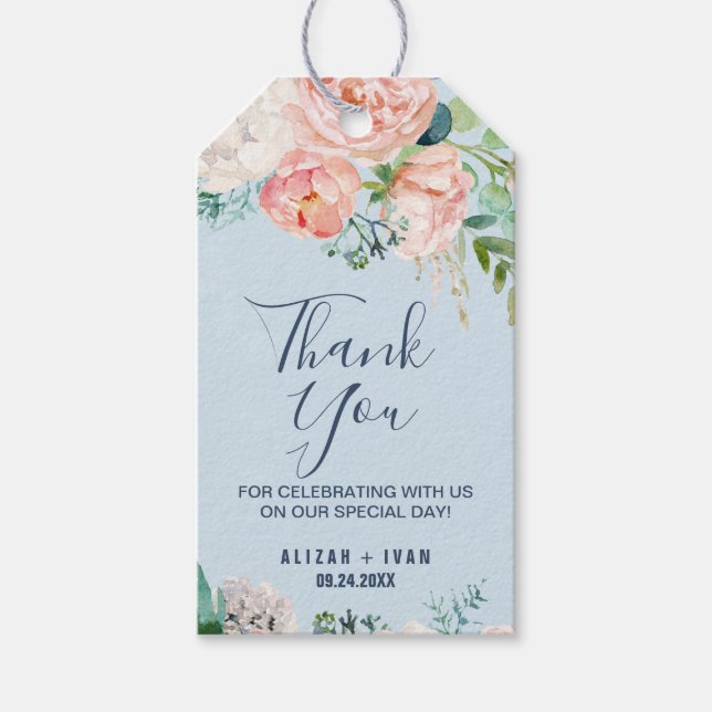 Romantic Peony Flowers Light Blue Tack Favor Presentetikett (Framsidan)