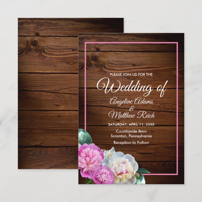 Romantic Peony Flowers Wooden Formal Bröllop Inbjudningar (Fram/baksida)