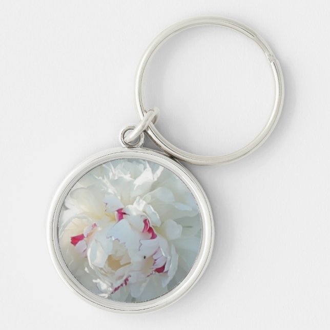 Romantic Peony Keychain Rund Silverfärgad Nyckelring (Framsidan)