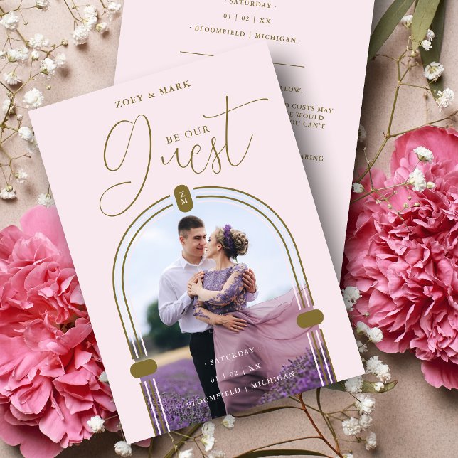 Romantic Pink Arch Photo & Initials QR Code  Spara Datumet (Romantic Pink Arch Photo & Initials QR Code Save the Date Card with Envelope.)