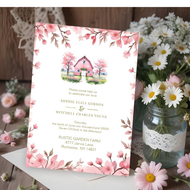 Romantic Pink Barn Rustic Landscape Floral Frame Inbjudningar (Romantic Pink Barn in Rustic Landscape and Cute Floral Frame Wedding Invitations Cards. )