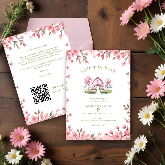  Romantic Pink Barn Rustic Landscape Floral Frame Spara Datumet (Romantic Pink Barn in Rustic Landscape and Cute Floral Frame Wedding Invitations Cards. )