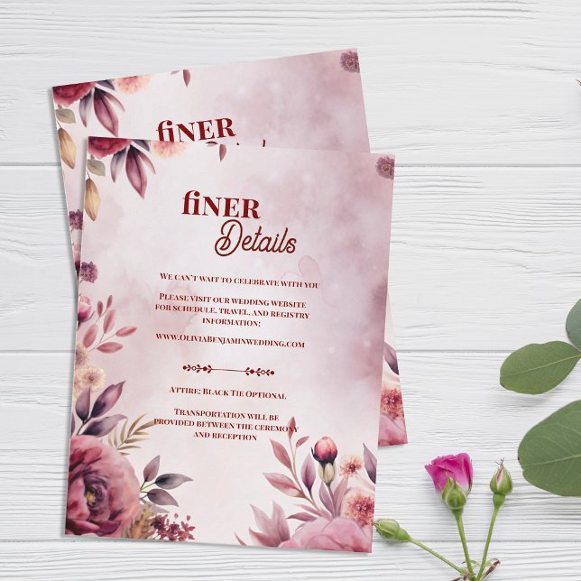 Romantic Pink Blush Floral Wedding Finer Details Tilläggskort (Blush Floral Wedding Finer Details Card | Romantic Pink Botanical Enclosure)
