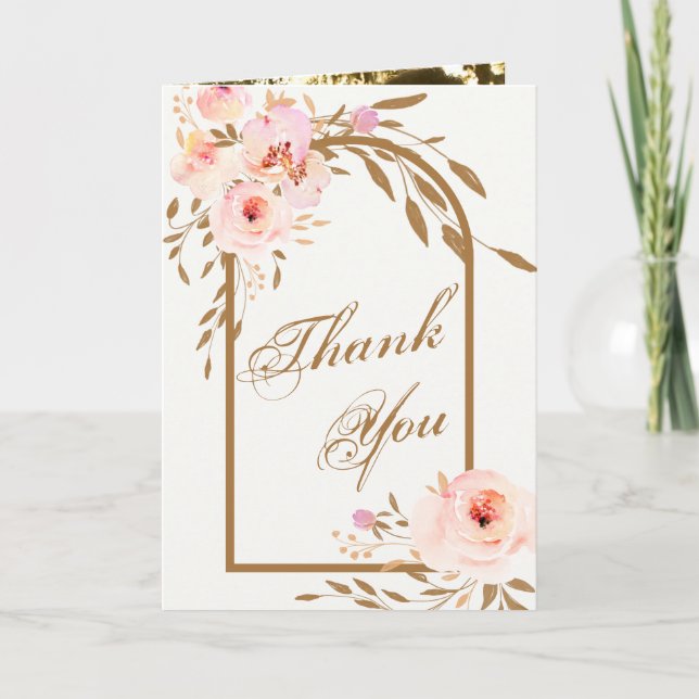 Romantic Pink Blush Gold Floral Wedding Photo Tack Kort (Framsida)