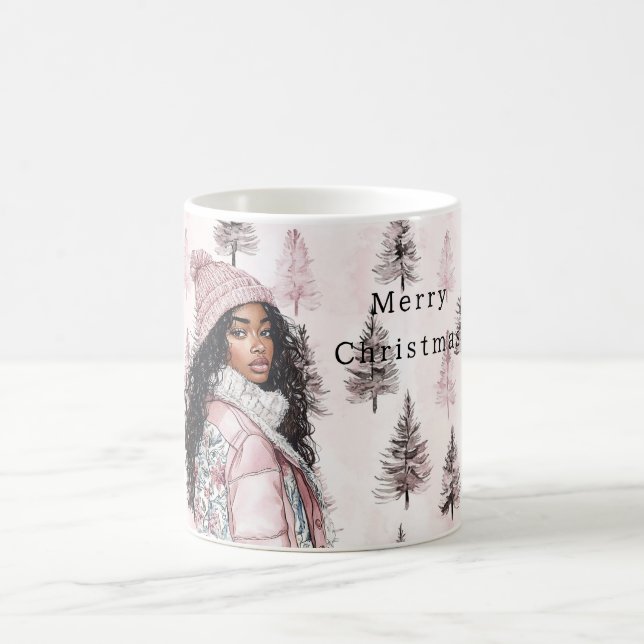 Romantic Pink Christmas Trees Black Girl Kaffemugg (Center)