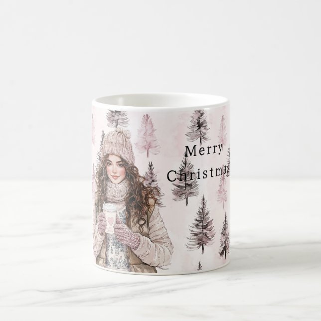 Romantic Pink Christmas Trees Girl Kaffemugg (Center)