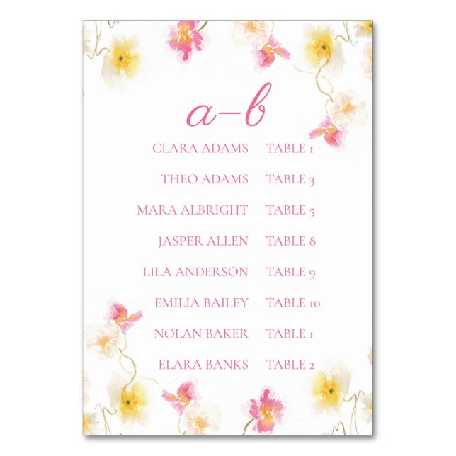 Romantic Pink Floral Elegant Alphabet Bordsnummer (Framsidan)
