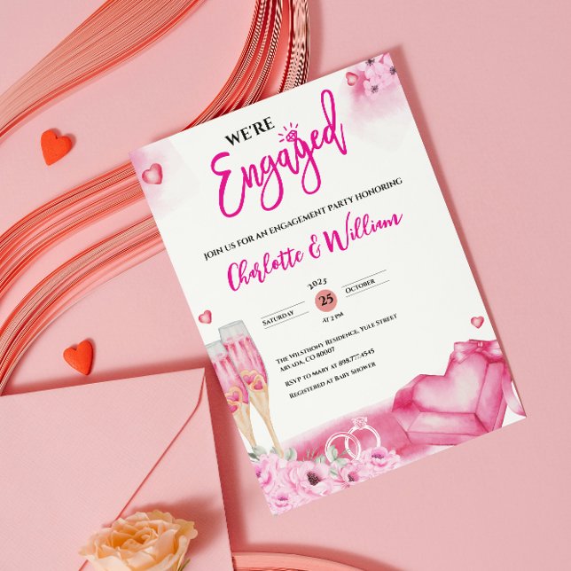 Romantic Pink Floral Engagement Party Engaged Inbjudningar (romantic engagement party invitations we're engaged modern elegant floral engaged couple watercolor )