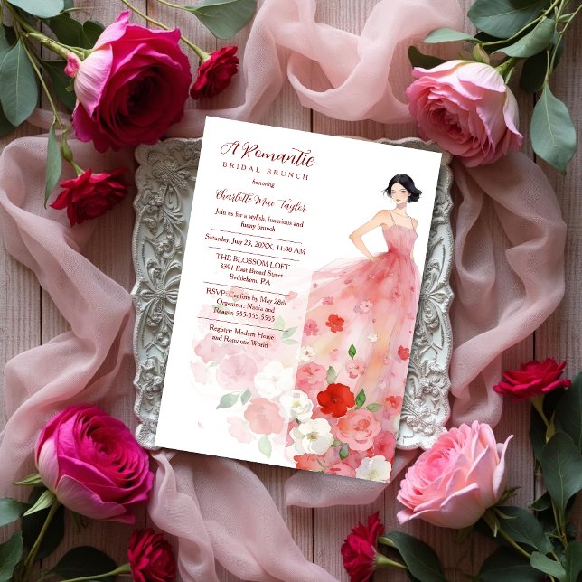Romantic Pink Floral Tulle Model Bridal Shower Inbjudningar (Romantic Fashion Model Woman in Pink Floral Tulle Dress Bridal Shower Invitation Design.)