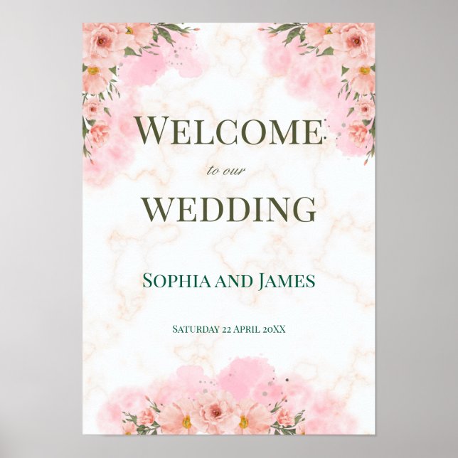 Romantic Pink Flowers Wedding Sign Poster (Framsidan)