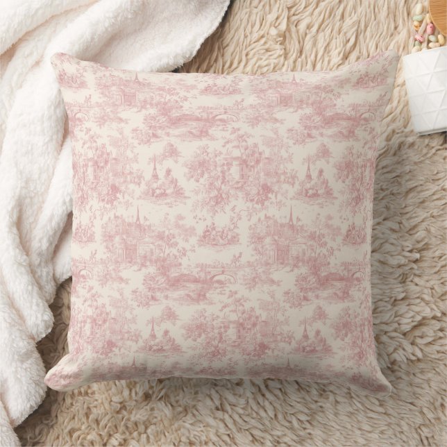 Romantic Pink French Toile Countryside Pattern (4) Kudde (Filt)