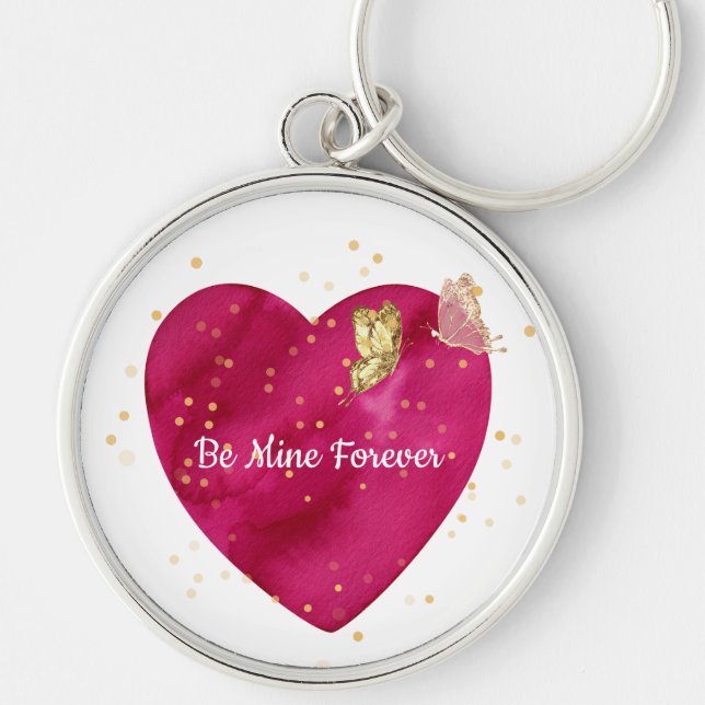 Romantic Pink Heart & Gold Butterfly  Rund Silverfärgad Nyckelring (Framsidan)