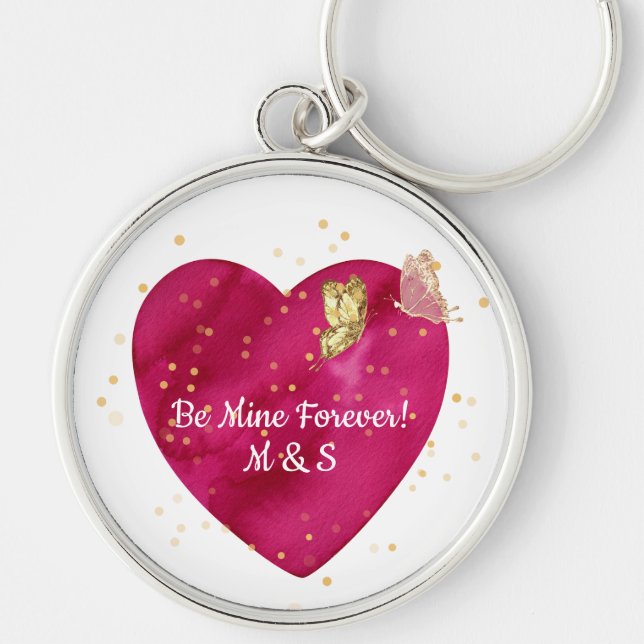 Romantic Pink Heart & Gold Butterfly  Rund Silverfärgad Nyckelring (Framsidan)
