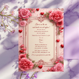 Romantic Pink Heart Motifs Valentine Party Floral  Inbjudningar