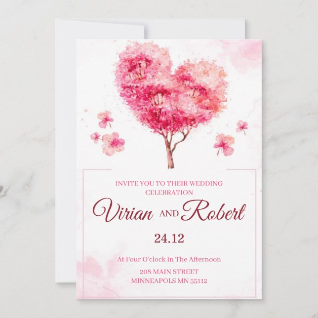Romantic Pink Heart Tree Watercolor Wedding Invita Inbjudningar (Framsida)