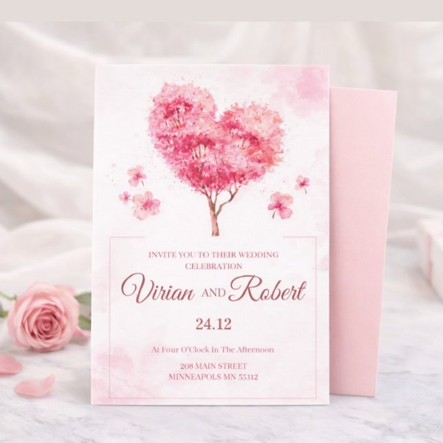 Romantic Pink Heart Tree Watercolor Wedding Invita Inbjudningar (Skapare uppladdad)