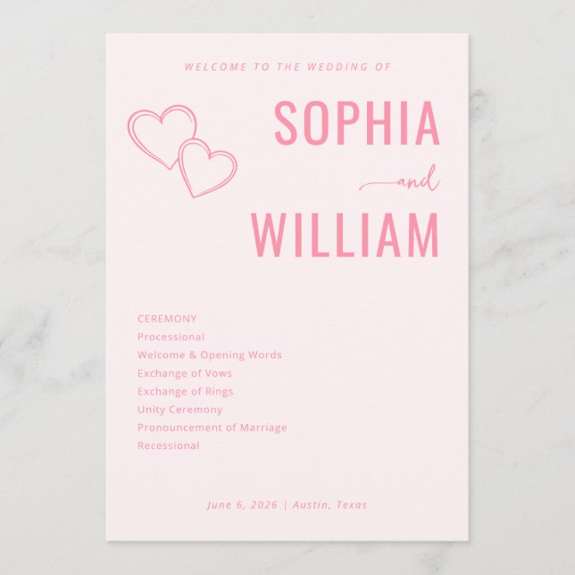 Romantic Pink Heart Wedding Invitations Program (Framsida)