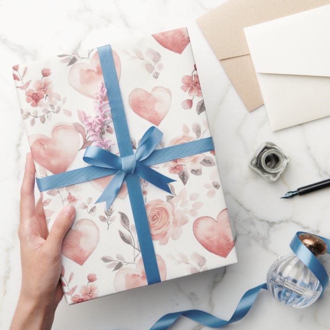 Romantic Pink Hearts Roses Floral Bridal Shower Presentpapper (Gifting)