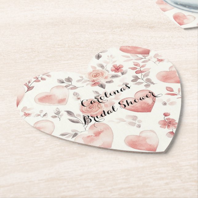 Romantic Pink Hearts Roses Floral Bridal Shower Underlägg Papper (Vinklad)