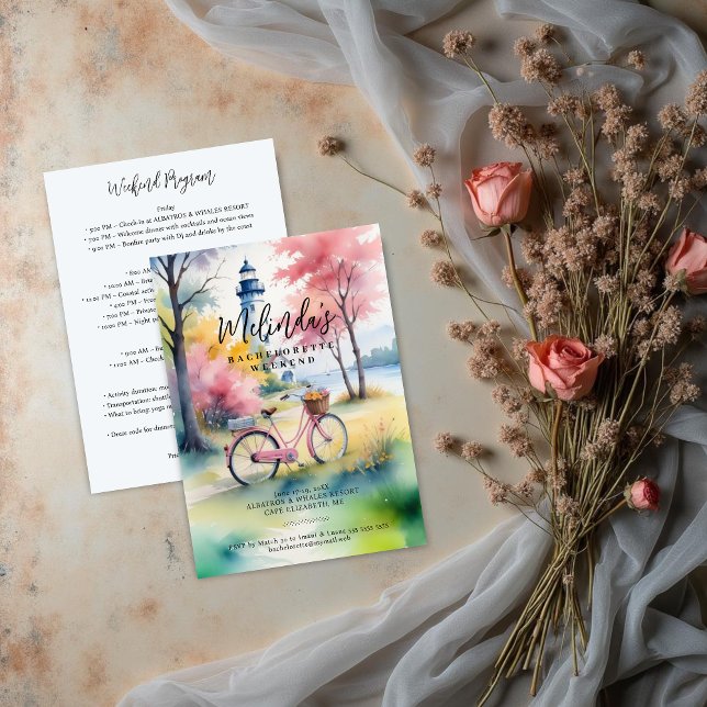 Romantic Pink Lighthouse Bachelorette Weekend Inbjudningar (Romantic Pink Lighthouse Landscape with Cute Bicycle Bachelorette Weekend Invitation Design. )