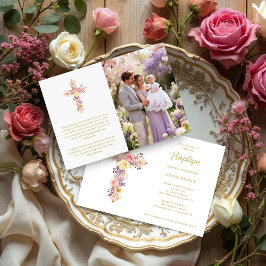 Romantic Pink Lilac Floral Cross Baptism Inbjudningar