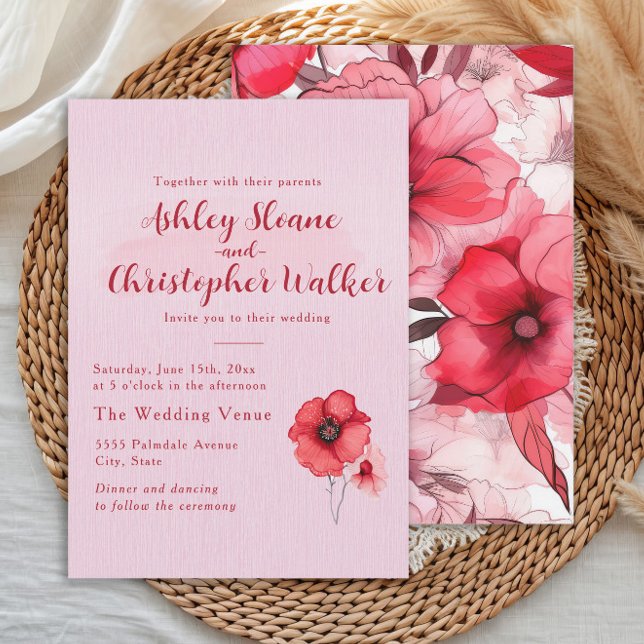 Romantic Pink Red Floral Wedding Inbjudningar (Romantic pink and red watercolor floral wedding invitation)