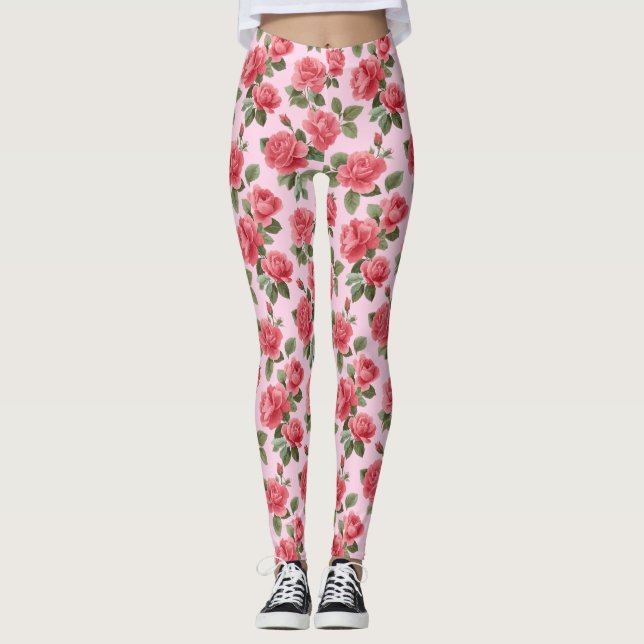 Romantic Pink Roses Botanical Pattern Leggings (Framsida)