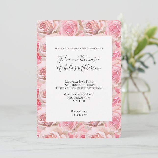 Romantic Pink Roses Floral Wedding Inbjudningar (Stående Fram)