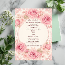 Romantic Pink Roses Ivory Vintage Valentine Party Inbjudningar