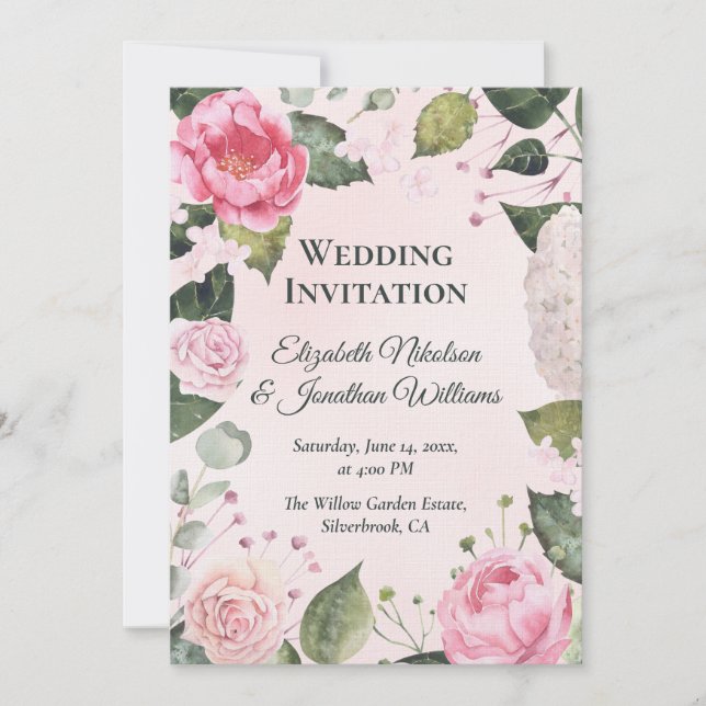 Romantic Pink Roses Wedding Invitation Inbjudningar (Framsida)