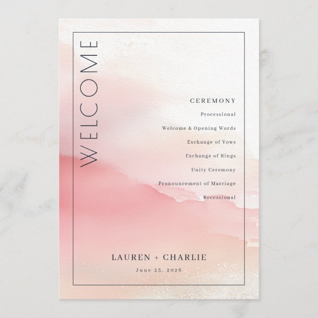 Romantic Pink Watercolor Ceremony Schedule Program (Framsida)