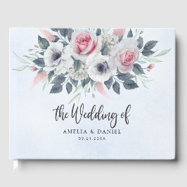 Romantic Pink Watercolor Floral Wedding Blue Gästböcker