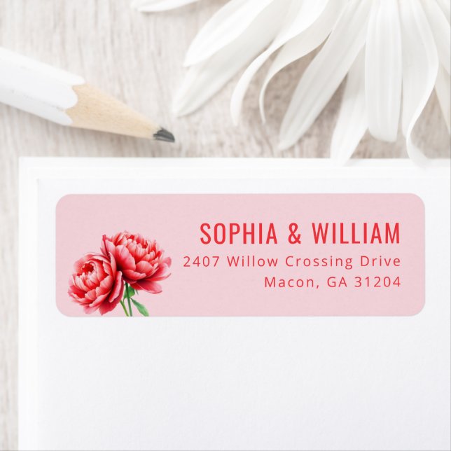 Romantic Pink Watercolor Peonies Returadress Etikett (Insitu)
