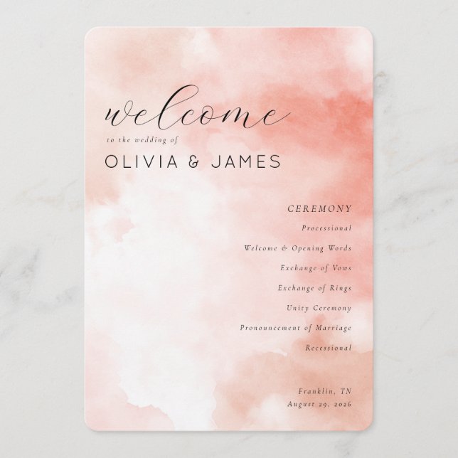 Romantic Pink Watercolor Wedding Schedule Program (Framsida)