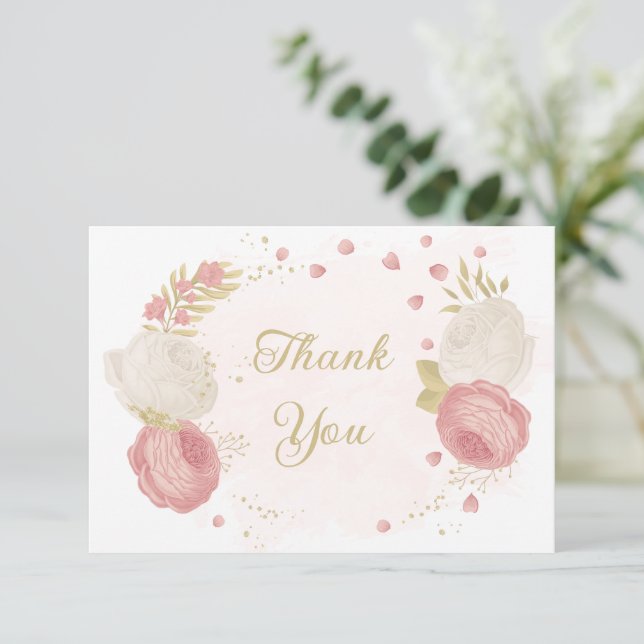 Romantic pink & white flowers gold wedding tack kort (Stående Fram)